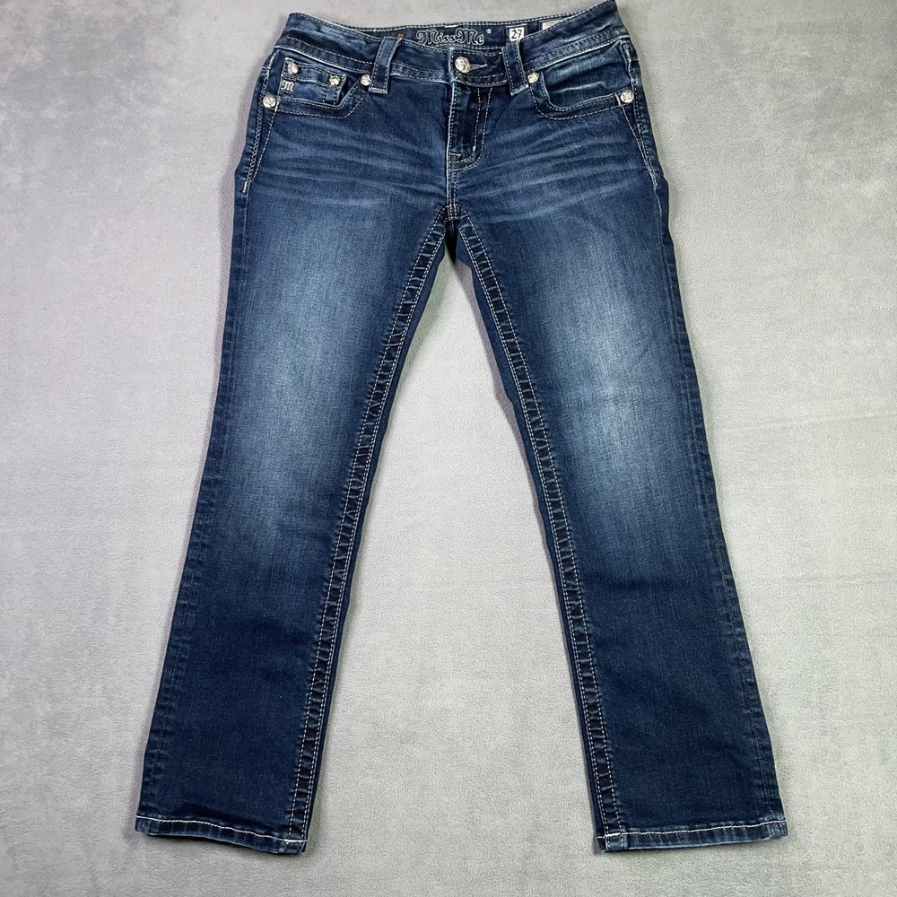 Miss Me Signature Crop Jeans Women's 27 Blue Dark Wash Rhinestones Sequins Denim